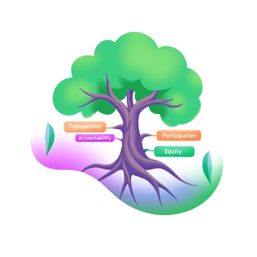 A modern pastel illustration depicting a strong tree with a robust trunk and lush green leaves. The tree roots are intricately intertwined, and various labels representing different governance aspects, such as "Transparency," "Accountability," "Participation," and "Equity," are attached to the roots. Each label is presented in a distinct color, creating a harmonious visual balance. The background features soft pastel shades that complement the colors of the tree and labels, enhancing the overall composition.