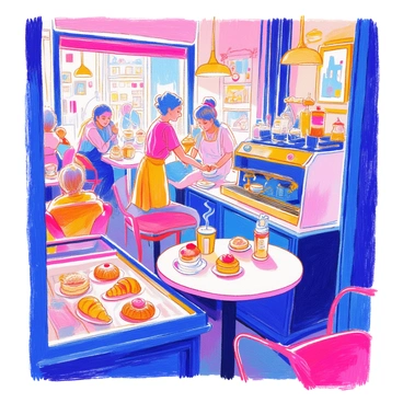 A busy café scene features several patrons engaged in lively conversations at small round tables. A barista with a white apron is skillfully preparing coffee at the espresso machine, steam rising from the spouts. In the foreground, a glass display case holds an array of pastries, including croissants, éclairs, and tarts, all presented appealingly. The walls are adorned with colorful artwork, and the warm light creates a cozy atmosphere inside the café.