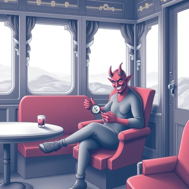 A devil character with red skin and pointed horns is sitting comfortably in a plush velvet seat inside a luxurious Victorian steam train. The train car features ornate wood paneling, intricate metalwork, and richly patterned curtains. Large windows reveal a breathtaking landscape outside, showcasing rolling hills and distant mountains. The devil is holding a vintage pocket watch, looking pleased, while a glass of dark red liquid sits on a small table beside him. The atmosphere conveys a sense of indulgence and adventure.