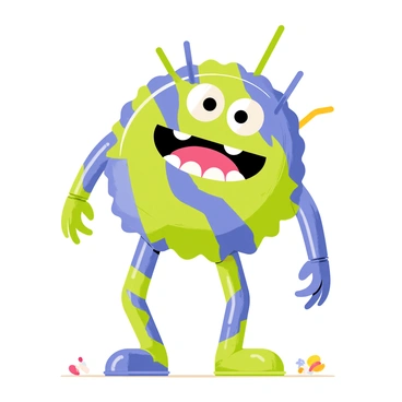 A whimsical monster composed entirely of assorted plastic trash. The monster has a round body made from crumpled plastic bags, with large bulging eyes made from bottle caps. Colorful straws form its arms, creating an animated pose. Its mouth is a wide grin fashioned from old candy wrappers, contrasting brightly against the blue and green plastic debris that covers its body. The legs are constructed from bent and twisted soda bottles, giving it a playful stance. The background includes scattered bits of litter to emphasize its construction from discarded materials.