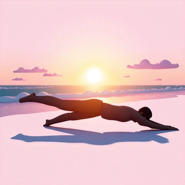 A silhouette of a person performing the "superman" exercise on a beach during sunset. The person is extended horizontally, facing downwards with arms outstretched in front and legs straight behind. The vibrant colors of the sunset create a gradient in the sky, transitioning from deep oranges to soft purples, while the ocean waves gently lap at the shore in the background. The beach is empty, with soft sand extending to the water's edge, and the sunlight casts a long shadow of the person on the ground.