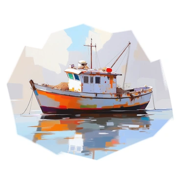 An old fishing barge made of weathered wood sits gently on the water's surface. The barge has peeling paint in dull shades of blue and white, giving it a rustic look. It's partially covered in patches of rust and barnacles, indicating years of exposure to the elements. The scene includes a few fishing nets and ropes scattered on the deck, adding to the character of the vessel. The background features a calm water surface reflecting the soft light of the sky.