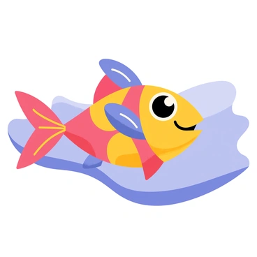 A tin fish with large, exaggerated eyes and a shiny metallic surface. The fish has vibrant colors, including bright red, blue, and yellow scales. It has a wide, smiling mouth and oversized fins that appear playful and dynamic. The background consists of soft waves in shades of blue, enhancing the aquatic theme of the image.
