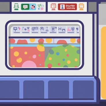Advertisements featuring vibrant colors and bold designs lining the interior walls of a metro train.