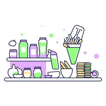 A section dedicated to cooking ingredients displayed neatly on shelves. On the left, there are various jars filled with spices, each jar featuring a distinctive label. Next to the spices, there are several glass containers filled with sauces, their textures visible through the clear glass. A stack of pasta sits prominently on the right, with different shapes and sizes visible. The arrangement highlights the organized nature of the ingredients, with decorative elements such as wooden spoons and small bowls scattered throughout the display.