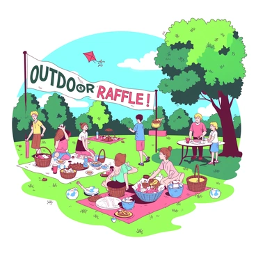 A bright sunny park is filled with families enjoying an outdoor raffle. Several picnic blankets are spread across the lush green grass, featuring colorful picnic baskets filled with food and drinks. Children are playing nearby, some flying kites while others are playing games. A large banner that says "Outdoor Raffle" is prominently displayed on a nearby tree. People are gathered around a table where raffle tickets are being sold, and there is a sense of excitement in the air as prizes are being announced.