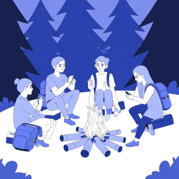 A group of campers is sitting around a campfire. Each camper has their phone in hand, gazing at the screens rather than engaging with each other. The campfire is crackling with flames, casting shadows on the faces of the campers. The campers are dressed in outdoor clothing, with backpacks resting beside them. The surrounding trees are dark silhouettes against the night sky, and there are logs arranged in a circle around the fire. The atmosphere is filled with the glow of the flames and the soft light from the screens.