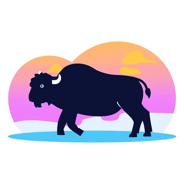 A silhouette of a bison standing on a grassy hill. The bison is shown in a side profile, with its large hump and curved horns clearly visible. In the background, a vibrant sunset features shades of orange and pink blending together in the sky. The sun is positioned near the horizon, casting a warm glow over the scene.