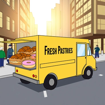 A bright yellow bread truck with "Fresh Pastries" written in bold letters on the side is parked on a busy city street. The truck's back doors are open, revealing an array of colorful pastries stacked neatly inside. The early morning sun casts a warm golden light, highlighting the vibrant colors of the pastries, which include croissants, donuts, and éclairs. In the background, tall buildings with glass windows reflect the sunlight, and a few pedestrians can be seen walking by with coffee cups in hand. The scene captures the energy of the city coming to life as the day begins.