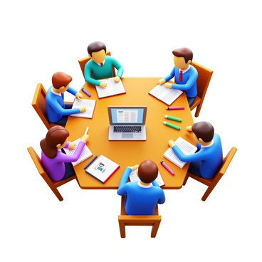 A group of four students gathered around a wooden table. They are analyzing notes spread out in front of them, with textbooks and notebooks open. One student is pointing at a section of the notes, while another student is taking notes on a notepad. A laptop is open in front of them displaying a project presentation. The atmosphere is focused, with pens and highlighters scattered around the table.