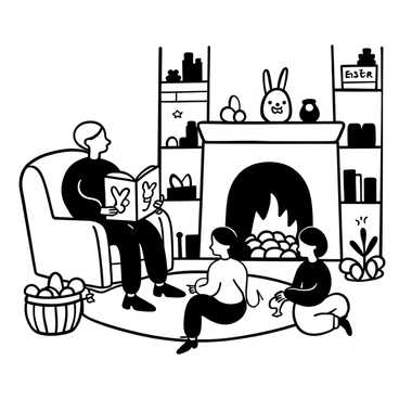 A grandmother sitting in a comfortable armchair, holding an open book titled "Easter" with illustrations of decorated eggs and rabbits. Two grandchildren are seated on the floor, eagerly listening and looking up at the book. The fireplace is crackling warmly in the background, with logs burning and flames dancing. A cozy rug is spread out in front of the fireplace, and there are shelves filled with books and knick-knacks surrounding the scene. A small basket with colorful Easter eggs sits beside the grandchildren.