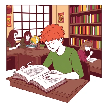 A red-haired boy, Ron Weasley, is sitting at a wooden desk in a classroom filled with shelves of magical books. He has a concentrated expression on his face as he studies a thick, open film script about wizards. The classroom has large windows letting in warm light, and there are various magical artifacts scattered around, such as a globe and a quill. Ron is surrounded by other students, some of whom are whispering and pointing at illustrations in their own scripts. The walls of the classroom are adorned with posters of famous wizarding films.