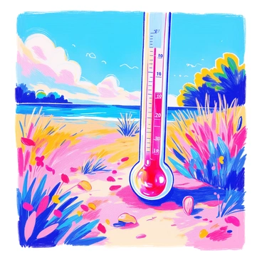 A thermometer filled with mercury is prominently displayed, with the mercury clearly visible and rising within the glass tube. The thermometer has a standard design, with a clear casing and measurement markings. In the background, the scene depicts a bright, sunny summer day with a blue sky and a few fluffy white clouds. The ground is dry and there are hints of vibrant green grass and colorful flowers nearby, suggesting the warmth of the environment. A distant outline of trees provides a sense of the lush nature typical of a summer landscape.