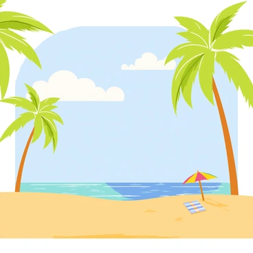 A bright beach scene featuring golden sand stretching across the foreground. Several tall green palm trees stand with their leaves gently swaying in the wind. In the background, a clear blue sky fills the upper portion of the image. Wispy white clouds drift lazily, adding to the tropical atmosphere. The ocean waves roll softly towards the shore, reflecting shades of turquoise and deep blue. A colorful beach umbrella and a striped towel are placed on the sand, suggesting relaxation and leisure.