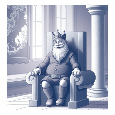 A dwarf sitting on a large, ornately designed throne. He has a decorated crown atop his head, showcasing intricate engravings and embellishments. His facial expression is proud and confident, with a strong, bushy beard flowing down to his chest. The throne room features tall, arched windows letting in natural light, and grandiose tapestries hang on the stone walls, depicting heroic battles and majestic landscapes. The floor is made of polished stone, and various decorative elements surround the throne, including tall pillars and elaborate sconces.