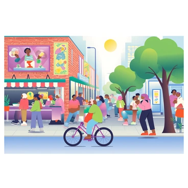 A vibrant urban street in Detroit is depicted, bustling with activity. The scene features a variety of colorful murals on the brick walls, showcasing intricate designs and artistic expressions. People of diverse backgrounds are walking along the sidewalk, some engaged in conversations while others are on their phones. There are food trucks parked at the side of the street, with customers enjoying their meals at small tables. A cyclist is riding past, weaving through the crowd. Trees with green leaves line the street, and the sun casts a warm glow over the lively atmosphere.
