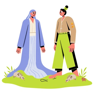 Two guardian spirits stand watch over a lush green valley. The first spirit embodies the element of water, with flowing blue robes that cascade like a waterfall. Its hair resembles gentle waves, and it has delicate fish swimming around it. The second spirit represents the element of earth, with earthy brown and green attire that blends seamlessly with the surrounding foliage. Its hair is adorned with leaves and flowers, and small animals gather around its feet. Together, the two spirits create a harmonious balance, overseeing the valley with watchful eyes.