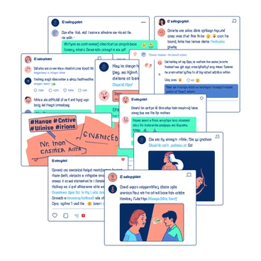 A collection of various social media posts displayed on a white background, showcasing reactions to a controversial executive order. Each post features colorful comment sections filled with contrasting opinions. There are vibrant speech bubbles, some colored in teal and others in orange, illustrating heated discussions. The posts include images of concerned citizens, hashtags like "#ExecutiveOrderDebate," and various emojis expressing anger and support. The overall layout is dynamic, with posts overlapping slightly to indicate a fast-paced online conversation.