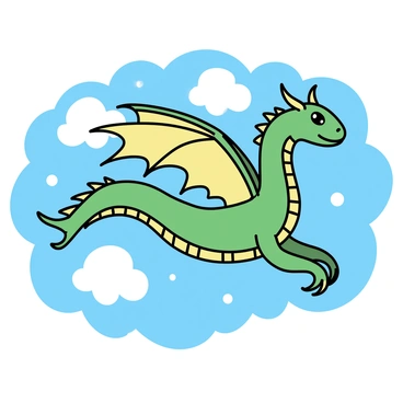 A mythical creature with dragon-like features gliding through fluffy white clouds. Its body is elongated and covered in vibrant green scales that shimmer in the sunlight. The creature has large, majestic wings that are outstretched, revealing intricate patterns in shades of emerald and gold. Its head is adorned with sharp, curved horns and piercing eyes that glint like gemstones. Below, the sky is a soft blue, accentuated by the bright white of the clouds surrounding the creature.