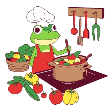 A green frog wearing a white chef's hat and a red apron is standing on a wooden counter in a kitchen. The frog is holding a wooden spoon in one hand, stirring a pot filled with colorful vegetables on the stove. Surrounding the frog, there are various fresh vegetables scattered across the counter, including red tomatoes, yellow bell peppers, and green cucumbers. Brightly colored kitchen utensils hang from the walls, and a basket of vegetables is placed nearby, adding to the vibrant atmosphere of the kitchen.