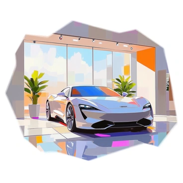 A sleek luxury car with a shiny metallic exterior is prominently displayed in a glass-walled showroom. The car features smooth curves and polished surfaces that reflect the light. Spotlights shine down from above, illuminating the vehicle and highlighting its elegant design. The interior of the showroom is minimalistic, with a polished floor and a few stylish plants placed around the edges. The glass walls allow for a view of the outside, where a clear blue sky can be seen. The atmosphere is sophisticated and modern, enhancing the presence of the luxury car.