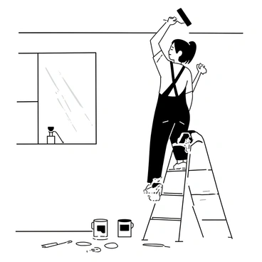 A person standing on a ladder, painting a wall in a new home. The individual is wearing a paint-spattered shirt and overalls, holding a paint roller above their head. They are focused on applying paint to the wall, with paint cans and brushes scattered on the floor below. A window is visible, with light streaming in and casting shadows on the floor. There is a partially painted wall, with brush strokes visible, indicating the colors being applied.