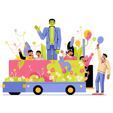 A colorful parade float with a large, detailed depiction of "Frankenstein's monster" standing at the front. The monster has green skin, black hair, and is wearing a classic tattered suit. He is enthusiastically "waving to the crowd" with a big smile. The float is adorned with vibrant decorations, including bright balloons, sparkling streamers, and large floral arrangements. People in the crowd are cheering and holding signs, creating a lively atmosphere.