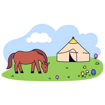A friendly horse with a brown coat is grazing on green grass in a wide-open field. The horse has a flowing mane and appears relaxed. Nearby, a yurt with a conical roof is set up, featuring a beige canvas exterior. The field around them is dotted with wildflowers in various colors, creating a vibrant scene. The sky above is clear with a few fluffy white clouds.