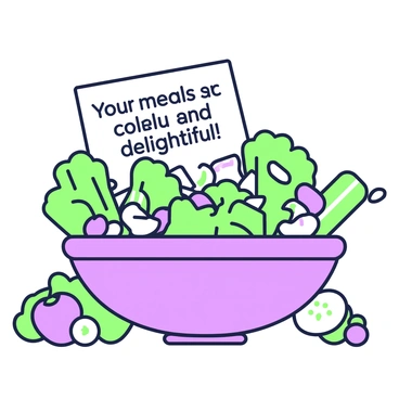 A large salad bowl is filled with a variety of fresh vegetables. The bowl contains bright green lettuce, diced purple onions, halved cherry tomatoes, and sliced cucumbers. Small pieces of purple bell pepper are scattered throughout, adding texture. On the rim of the bowl, there is a note that reads, "Your meals are colorful and delightful!" The note is placed prominently, resting slightly against the edge of the bowl. Surrounding the bowl, an array of vibrant salad ingredients is visible.