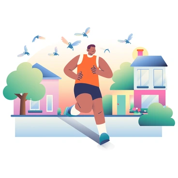 A jogger with light skin and short brown hair is running through a neighborhood during the early morning. The jogger is wearing a bright orange tank top and black shorts. Birds with various colors of feathers are flying overhead, some in a V-formation, while others are flapping freely. In the background, houses with pastel-colored façades and blooming flower beds line the street. The sky is painted with shades of pink and orange, indicating a beautiful sunrise. Gentle shadows from the trees stretch across the sidewalk as the jogger continues on their route.