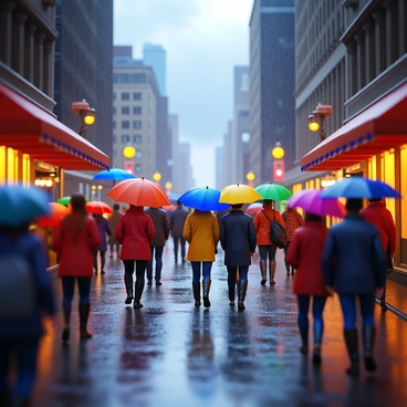 A bustling city street filled with people carrying "colorful umbrellas" to shield themselves from the heavy rain. The pavement is slick and shiny, reflecting the "glow of streetlights" and the "bright colors" of the umbrellas. Water droplets cascade from awnings and rooftops, creating a dynamic atmosphere. In the background, there are "tall buildings" partially obscured by rain, and the "sky is overcast" with dark clouds. People are wearing "raincoats and rubber boots," hurrying along the street amidst puddles forming on the ground.
