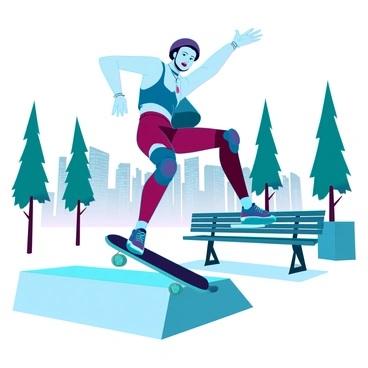 A dynamic skateboarder action figure, posed mid-air, performing a trick above a small, concrete ramp in a city park. The figure has a detailed design, featuring bold colors on its outfit, with a helmet and knee pads for safety. In the background, there are green trees and benches, along with a distant skyline of modern buildings. The scene captures a sense of movement and excitement, with the skateboard's wheels slightly blurred to emphasize speed. The action figure's facial expression shows determination and thrill.