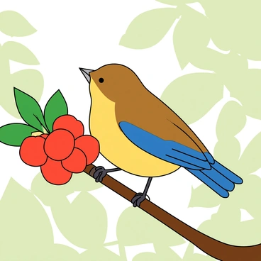 A small, colorful bird with a yellow belly and blue wings is perched on a thin brown branch. The bird has a delicate beak, which it is using to peck at bright red berries that are clustered together on the branch. The leaves surrounding the berries are a vibrant green, adding contrast to the scene. The background features a soft blur of natural elements, suggesting a lively garden or forest.