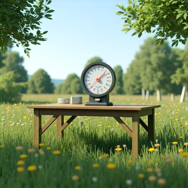 An analytical balance set up outdoors on a fieldwork table with nature in the background