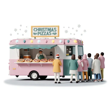 A colorful food truck with festive decorations is parked on a snowy street. The truck is adorned with Christmas lights and a large sign that reads "Christmas Pizzas" in bold, cheerful letters. A chef, wearing a red Santa hat and a green apron, is inside the truck, preparing pizzas. Several pizzas are displayed on a counter, each topped with vibrant ingredients such as pine nuts, red cranberries, mozzarella cheese, and fresh basil. Snowflakes are gently falling around the truck, adding to the holiday atmosphere. A group of customers, bundled up in winter coats, are eagerly waiting in line, looking at the delicious pizzas with excitement.
