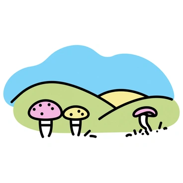 A rolling landscape features several giant mushrooms of varying sizes and colors. The mushrooms have large, rounded caps with intricate patterns, standing tall among the lush green grass. The background reveals gentle hills that create a wavy effect, while a clear blue sky stretches above. The overall arrangement of the mushrooms and hills suggests a dreamlike quality to the scene.