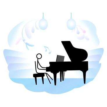 A stickman is seated at a grand piano in a concert hall. The stickman has simple lines for arms and legs, positioned over the piano keys as if playing a melody. The grand piano is polished and elegant, with a shiny black finish. Surrounding the piano, there are rows of empty seats, indicating a space prepared for an audience. Above the stickman, large chandeliers hang from the ceiling, illuminating the scene with soft light. Subtle musical notes are floating in the air around the stickman, suggesting the music being played.