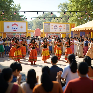 A cultural festival sponsored by Bajaj, featuring a vibrant outdoor setting filled with colorful decorations and banners displaying the Bajaj logo. In the foreground, a group of performers dressed in traditional attire are showcasing a lively dance, their costumes adorned with intricate patterns and vibrant colors. Surrounding them, musicians play traditional instruments, such as drums and flutes, contributing to the festive atmosphere. The audience, composed of diverse attendees, is clapping and cheering, with some individuals capturing moments on their smartphones. Strings of decorative lights hang overhead, adding to the celebratory ambiance of the festival.