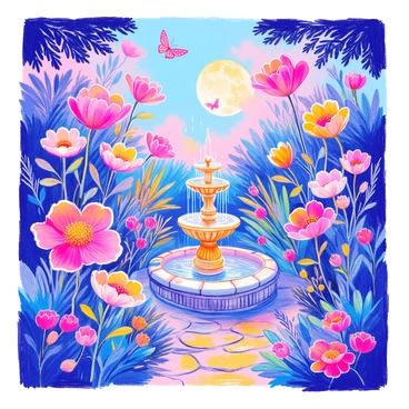 An enchanted garden filled with giant flowers in vibrant colors, their petals glistening in the soft light. The flowers tower over a stone pathway that winds through the garden. In the center, a fountain made of intricately carved marble stands, water cascading gently from its multiple tiers. The fountain emits a soft glow in the moonlight, illuminating the surrounding area. Lush greenery and ferns surround the flowers and fountain, adding to the magical atmosphere of the scene. Delicate butterflies flutter around, enhancing the enchanting ambiance of the garden.