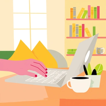 A pair of hands with well-manicured nails typing quickly on a silver laptop keyboard. The laptop is placed on a wooden table adorned with a small potted plant. A steaming cup of coffee sits beside the laptop. The background features warm lighting with soft cushions and wooden shelves filled with books, creating a cozy atmosphere in the cafe.