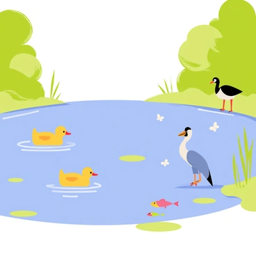 A serene lake surrounded by green trees and bushes. The water is a clear blue, reflecting the sky. Small patches of light green algae are present, indicating a reduction. In the foreground, two ducks are swimming together, and a group of colorful fish can be seen near the water's surface. A heron stands on the shore, looking for food. Butterflies flutter around the edges of the lake, and the sunlight casts gentle ripples on the water.