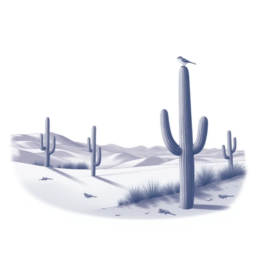 A vast desert landscape stretches into the distance, characterized by rolling sand dunes and sparse vegetation. Several tall saguaro cacti rise prominently against the arid backdrop, their arms extending towards the sky. A cactus wren is perched atop one of the towering saguaros, its body outlined against the bright sunlight. Small lizards scurry across the sandy ground, blending into the beige tones of the desert environment. The scene captures the essence of life in a dry, sun-drenched habitat.