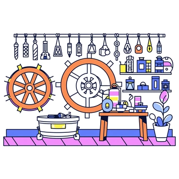 A nautical supply shop filled with various maritime items. Large wooden ship wheels are prominently displayed on the walls, showcasing intricate designs. Several thick ropes are hanging from the ceiling, coiled and arranged in different lengths. In the background, shelves are lined with nautical tools and supplies, including compasses and lanterns. The floor is made of polished wood, enhancing the nautical theme.
