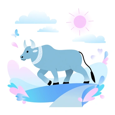 A character designed as Nandi, depicted as a majestic bull with a smooth, rounded body in a gradient of pastel colors. Nandi is standing proudly on a hilltop, surrounded by a vibrant landscape of rolling hills and colorful flowers. The bull is adorned with a decorative collar featuring intricate patterns. Above Nandi, a collection of fluffy clouds drifts in a bright sky, and a large, sparkling sun radiates warmth. In the background, playful butterflies flit around, adding to the sense of adventure. A winding path leads off into the distance, inviting Nandi to continue on its journey.
