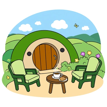 A cozy patio outside a round hobbit hole with a wooden door and small, circular windows. The patio features two comfortable green chairs with soft cushions, positioned around a small, round wooden table. On the table, there is a steaming cup of tea and a plate of freshly baked cookies. The background displays a lush landscape with rolling green hills, colorful wildflowers, and a clear blue sky dotted with fluffy white clouds. A few butterflies flutter around, adding to the cheerful atmosphere.