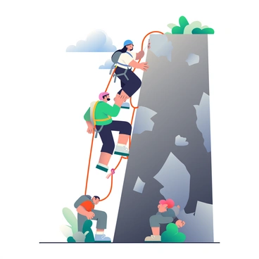 A group of three climbers is ascending a sheer cliff face. The first climber, a woman with long black hair, is positioned near the top of the cliff, secured by a bright orange rope attached to her harness. She is wearing a blue helmet and climbing shoes. The second climber, a man with a short beard, is below her, reaching for a rocky handhold, dressed in a green jacket and black pants. The third climber, another woman, is further down, managing the ropes, wearing a red shirt and a gray backpack. The cliff face is rugged and textured, with patches of gray and dark brown rock, and the surrounding landscape is dotted with greenery. The sky above is clear with a few fluffy white clouds.