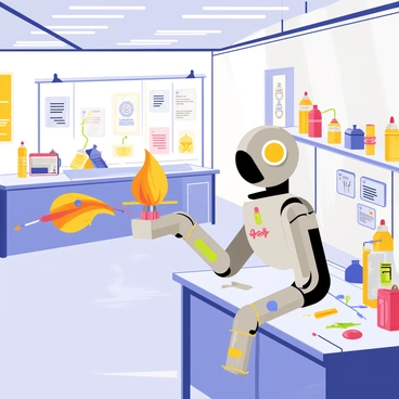 A robotics lab with bright fluorescent lighting and metallic surfaces. In the center of the lab, a sleek silver robot with articulated arms is actively extinguishing flames using a spray nozzle. The robot's display screen shows a colorful digital fire triangle, illustrating the elements needed for combustion: "heat," "fuel," and "oxygen." Tools and equipment are scattered across the workbenches, including wires, circuit boards, and safety gear. The walls are adorned with posters about fire safety and robotics technology.