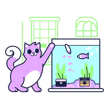 A ragdoll cat with striking blue eyes is playfully swatting at fish swimming in a small indoor aquarium. The cat is positioned in front of the aquarium, with its paw raised and extended towards the glass. Inside the aquarium, there are several small fish darting around, their fins and tails creating ripples in the water. The aquarium is decorated with vibrant plants and a miniature treasure chest at the bottom. The cat's fluffy fur is catching the light from a nearby window, and its tail is gently curling in excitement.