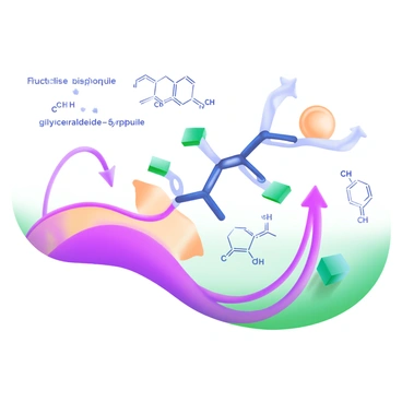 A modern pastel illustration depicting the enzyme "aldolase" in action during the "glycolysis" process. The enzyme is shown as a dynamic structure, interacting with a sugar molecule, symbolizing the breakdown of glucose. Surrounding this central interaction, there are arrows indicating the flow of the glycolytic pathway. Beside the enzyme, various chemical structures of intermediate metabolites, such as fructose-1,6-bisphosphate and glyceraldehyde-3-phosphate, are illustrated. The background features soft pastel colors to provide a clear and engaging context for the scientific process.