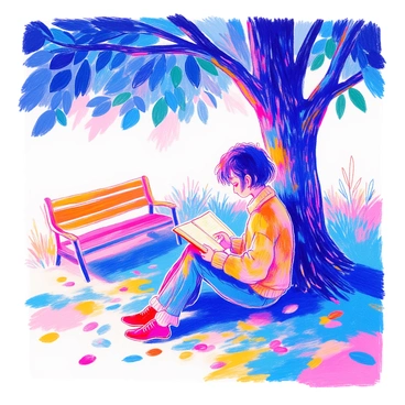 A person is seated under a large tree with a broad canopy of green leaves. They are holding an open book, completely absorbed in reading. The person has short dark hair and is dressed in a cozy sweater and jeans. The ground is covered with soft grass and scattered fallen leaves. Nearby, a small wooden bench is visible, and the sunlight filters through the branches, casting dappled light patterns on the ground. The scene emanates a gentle, calming atmosphere, inviting relaxation and contemplation.